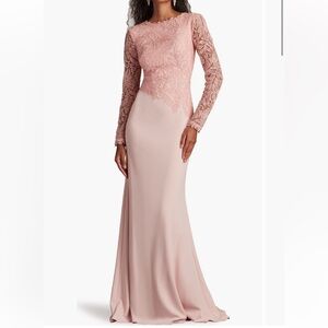 Tadashi Shoji Caliste Leaf Print Embroidered Long Sleeve Gown Adobe Blush